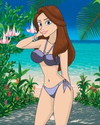 2019 adult_and_teenager beach belly blue_eyes brown_eyebrows brown_hair_female carlshocker deviantart disney disney_junior disney_princess hand_on_back hand_on_head meta not_ai_generated not_porn pink_lipstick princess_sofia purple_bikini sofia_the_first tummy walt_disney_animation_studios white_bracelet