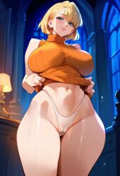 1girls 2d ai_generated ashley_graham big_breasts blonde_hair bottomless female female_focus female_only indoors night panties resident_evil resident_evil_4 solo solo_female solo_focus sweater tagme wet_pussy white_panties