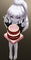 birthday birthday_cake bra_strap busujimabibi clothed drow earrings elf elf_ears elf_female elf_girl exposed_shoulders grey_body grey_skin happy_birthday indie_virtual_youtuber indie_vtuber jewelry looking_at_viewer nioartist peace_sign pointed_ears pointy_ears ponytail purple_eyes sitting small_breasts virtual_youtuber vtuber vtuberfanart white_hair