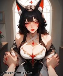 absurd_res ahri ahri_(league_of_legends) ai_generated animal_ears black_hair cat_ears catgirl cute cute_face facial_markings female fox_ears hi_res highres league_of_legends long_hair ozziru patreon red_eyes risen_legend_ahri self_upload sexy uncensored vastaya