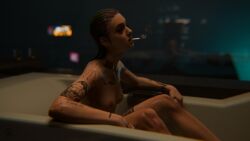 1girls 3d 3d_(artwork) bath cigarette city_background closed_eyes cyberpunk_2077 eyeliner female judy_alvarez smoking tattoos v01dwatcher wet wet_hair wet_skin