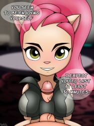 1girl1boy 1girls 2d 2d_(artwork) 2d_artwork 2koma blush boobjob breasts cat_ears clothed clothed_female clothed_female_nude_male clothed_sex clothed_titfuck clothed_titjob cum cum_on_face dialogue female giver_pov hyoreisan male_pov miyo_(running_man) motorboating pink_hair ponytail running_man running_man_animation sidus_animation smile sports_bra squiggle_mouth titjob tittyfuck upset yellow_eyes