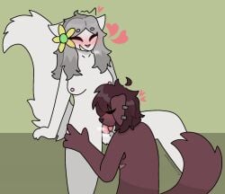 accessory anthro ashblondekittyy balls blue_eyes blush breasts brown_body brown_fur brown_hair canid canine canis closed_eyes domestic_cat domestic_dog duo ear_piercing felid feline felis fellatio floppy_ears flower flower_in_hair fur futanari genitals grey_hair gynomorph gynomorph/male hair hair_accessory heart_symbol intersex intersex/male male mammal mastectomy_scar nipples oral penile penis piercing plant rex_(ashblondekittyy) romantic romantic_couple scar sex sitting t4t tail trans_(lore) trans_man_(lore) trans_woman_(lore) whiskers white_body white_fur yuna_(ashblondekitty)