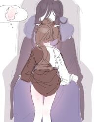 1girl1boy ass brown_hair caramel_arrow_cookie cookie_run_kingdom dark_cacao_cookie female flashing_ass long_hair male purple_hair skinny_girl skinny_legs
