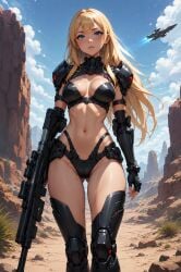 ai_generated armor armored_female blonde_female blonde_hair blue_eyes desert impractical_armor outdoors outside sci-fi scifi sexy sexy_body sexy_pose soldier