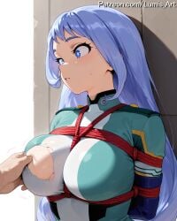 2025 ai_assisted ai_generated arms_behind_back artist_name blue_eyes blush boku_no_hero_academia bondage bound bound_arms bound_legs bound_wrists box_tie breast_bondage breasts clenched_teeth clothing crotch_rope female gag hadou_nejire heart-shaped_pupils high_quality high_res high_resolution highres large_breasts long_hair lumis_art male mole_under_eye my_hero_academia nejire_hado patreon red_rope restrained rope shibari_over_clothes solo_focus stable_diffusion straight symbol-shaped_pupils tied_up_(nonsexual) torn_bodysuit torn_clothes torn_legwear torn_leotard torn_shirt trembling watermark
