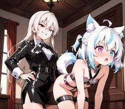 2girls ai_generated animal_ears animal_tail benmccannon_(artist) chastity_belt chastity_bra female heterochromia thigh_bands