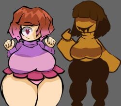 bete_noire betty_noire big_breasts big_breasts brown_hair chara glitchtale grey_background panties pink_eyes pink_hair pink_panties pink_sweater purple_sweater red_skirt short_hair skirt sweater thick_thighs undertale_au whirlzie