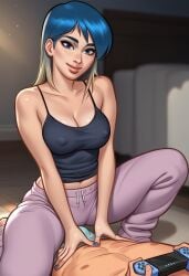1boy 1girls 2d ai_generated areolae blue_hair boxer_briefs bulge bulge_through_clothing civitai cleavage digital_drawing_(artwork) erect_nipples_under_clothes eve_(summertime_saga) female female_focus female_on_top holding_hands jogging_pants kiwimike light-skinned_female light_skin looking_at_viewer male_pov nipples nipples_visible_through_clothing on_top pants pov pov_male pyjamas shirt_up summertime_saga tank_top teenage_girl teenager two_tone_hair