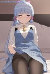 1girl 1girls ai_generated bed black_pantyhose blue_dress blue_eyes blue_hair blunt_bangs blunt_tresses blush bow breasts brown_pantyhose clothes_lift commentary_request cowboy_shot crotch_seam disgusted dress dress_lift embarrassed female female_focus female_only flower_knot genshin_impact hair_ornament hair_ribbon indoors kamisato_ayaka lifted_by_self light_blue_hair long_hair long_sleeves looking_at_viewer mole mole_under_eye neck_tassel official_alternate_costume on_bed open_mouth panties panties_under_pantyhose pantyhose parted_lips pillow pink_ribbon pleated_dress ponytail ribbon sidelocks sitting solo sweatdrop tassel thighband_pantyhose thighs tress_ribbon underwear white_panties zelanell
