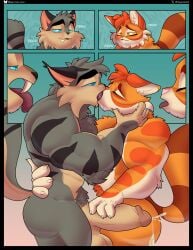 anthro balls biceps big_balls big_penis black_border border calvin_mcmurray cousins_(lore) domestic_cat duo felid feline felis genitals hi_res humanoid_genitalia humanoid_penis incest_(lore) jaypinho kissing lackadaisy male male/male mammal muscular muscular_male penis rocky_rickaby