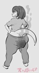 anthro ass big_butt bottomwear clothed clothing dark_hair feces feces_in_clothing female greyscale hands_on_hips hi_res lizard looking_at_butt looking_back monochrome pants redblissex reptile scalie scat simple_background smelly soiling soiling_bottomwear soiling_pants solo stink_fumes sweatpants thick_thighs
