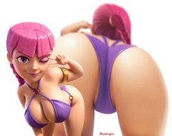 1boy 1girls 2boys 2d 2d_(artwork) alternate_version_available archer archer_(clash_of_clans) arm_bracelets arm_bracers ass ass_focus bikini_bottom brskdrvgon clash_(series) clash_royale evolution_archer_(clash_royale) female goblin goblin_(clash_royale) goblin_male looking_at_viewer male pink_eyes pink_hair posing posing_for_picture posing_for_the_viewer ugly_bastard wink winking winking_at_viewer