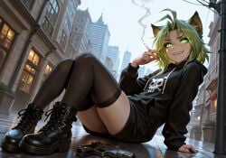 ai_generated black_clothing black_nails boots cat_ears cigarette city evil_smile goth green_eyes green_hair handgun karen_taverndatter sitting stockings twokinds