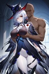 1girls ai_generated arknights ascot black_gloves black_jacket dark-skinned_male degenbrecher gladiia_(arknights) grabbing_breasts grabbing_from_behind hair_over_one_eye large_breasts long_hair pointy_ears red_eyes white_pants