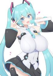 1girls alternate_version_available big_breasts blue_eyes blue_hair blush breasts female female_focus female_only hatsune_miku holding_microphone holding_object huge_breasts large_breasts light-skinned_female light_skin long_hair looking_at_viewer peace_sign simple_background skirt solo subten thick_thighs thighs twintails v vocaloid white_background