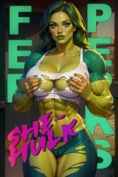 1girls abs ai_generated big_breasts breasts female female_only green_hair green_skin hulk_(series) jennifer_walters large_breasts marvel marvel_comics midriff muscles muscular muscular_arms muscular_female nerdddemon see-through see-through_clothing see-through_shirt see-through_top she-hulk solo solo_female thick_thighs