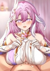 1boy 1girls blush clothed_female_nude_male cum elysia_(herrscher_of_human:ego) elysia_(honkai_impact) eyebrows_visible_through_hair hair_between_eyes hair_ornament honkai_impact_3rd indoors large_breasts long_hair looking_at_viewer mero_en_e open_mouth paizuri paizuri_under_clothes pink_eyes pink_hair purple_eyes smile titjob tittyfuck white_gloves