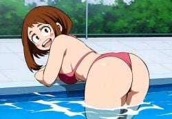 1girls ai_generated ass_focus bikini in_water looking_back my_hero_academia ochako_uraraka pool smile solo