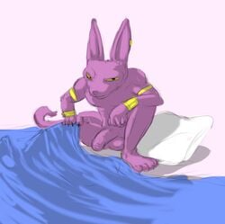 anthro bedding beerus blanket clothed clothing dragon_ball dragon_ball_super feline flaccid grandschemetheme jewelry male male_only mammal nude partially_clothed penis pillow presenting simple_background slim smile solo white_background