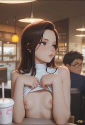 ai_generated cafe exhibitionism exhibitionist exposed_breasts flashing flashing_breasts lifting_shirt long_hair looking_away_from_viewer onlooker onlookers public public_exposure public_indecency public_nudity teen teenage_girl teenager