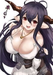 antenna_hair bandaged_arm bandages bare_shoulders black_hair breasts cleavage cowboy_shot crescent danua draph dress female fingerless_gloves gloves granblue_fantasy highres horns jewelry large_breasts long_hair maou_(maoudaisukiya) necklace open_mouth pointy_ears red_eyes sleeveless sleeveless_dress smile solo white_background white_dress