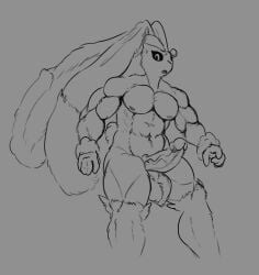 abs anthro balls barazoku biceps big_ears big_penis black_sclera digital_drawing_(artwork) digital_media_(artwork) erection fur generation_4_pokemon genitals hi_res humanoid_genitalia humanoid_penis lagomorph lopunny male mammal monochrome muscular muscular_anthro muscular_male nintendo nipples nude peachhqa pecs penis pokemon pokemon_(species) solo tail thick_thighs