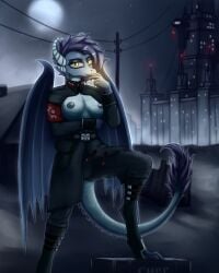 anthro back_wings bare_chest blue_body breasts cigarette clothing curved_horn detailed_background dragon feet female freckles hair hi_res horn military military_uniform moon mythological_creature mythological_scalie mythology night nipples raised_leg scalie sinniethecat sky smoke smoking solo toes uniform wings yellow_eyes