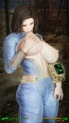 3d bethesda_softworks breast_sucking breastfeeding breastfeeding_self emotrashcan fallout game_mechanics milk_leaking screenshot_edit self_breast_sucking self_milking self_sucking sole_survivor_(female) sucking_breasts_milk sucking_nipples vault_dweller vault_suit