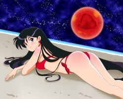 1girls absurd_res alluring ass bare_legs bikini bishoujo_senshi_sailor_moon black_hair blue_eyes blush closed_mouth earrings female high_res jewelry long_hair lying madefanart mars_(planet) medium_breasts pin_up red_bikini rei_hino sailor_mars sand smile smiling_at_viewer star_(symbol) star_earrings swimsuit