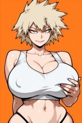 1girls ai_generated bakugou_mitsuki blonde_hair boku_no_hero_academia closed_mouth collarbone covered_nipples crop_top curvy g-string gigantic_breasts grabbing_own_breast hip_bones hip_dips looking_at_viewer mature_female milf mitsuki_bakugou my_hero_academia narrow_waist navel red_eyes seductive_smile skindentation smirk spiked_hair thong white_crop_top wide_hips