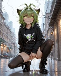 ai_generated black_clothing black_nails boots cat_ears city evil_smile glowing_eyes goth green_eyes green_hair karen_taverndatter masturbation public sitting squirting stockings twokinds