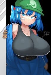 1girls big_breasts blue_eyes blue_hair breasts cap cleavage clothed_female hat jacket kaito_y_illust light-skinned_female long_eyelashes nitori_kawashiro signature solo solo_female tank_top touhou twintails