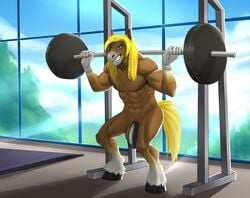 2017 abs anthro balls barbell biceps clothing equine exercise gloves gym hair horse male male_only mammal mane marsel-defender muscular muscular_male nude pecs penis solo weightlifting workout