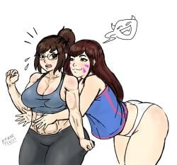 2girls :3 abs ass breasts casual_clothes d.va distress female_abs franktonius girl_abs mei_(overwatch) mei_ling_zhou mischief muscle_girl muscular muscular_female overwatch teasing underwear yoga_pants