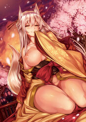 animal_ears bare_shoulders breast_slip breasts cherry_blossoms female fox_ears fox_tail hand_to_own_mouth japanese_clothes kimono kitsune lamppost looking_at_viewer nipples no_panties obi one_breast_out petals sash shiokonbu silver_hair smile tail yellow_eyes