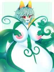 2019 big_breasts breasts covering_breasts female female_only furry glasses green_background green_body green_hair green_lips green_skin kuromokonachan nintendo nipples original original_character pokemon pokemon_(species) red_eyes scalie serpentine serperior short_hair white_background white_body white_border white_skin wide_hips yumi_leaf