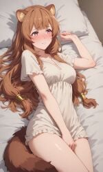 1girls ai_generated animal_ears bangs blush brown_hair embarrassed hand_between_legs implied_masturbation kslgsnb long_hair looking_away nightgown pink_eyes pixai raccoon_ears raphtalia sleepwear solo solo_female tail tate_no_yuusha_no_nariagari white_nightgown