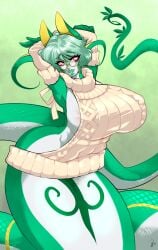 2018 armpits arms_behind_head arms_up big_breasts breasts female female_only furry glasses green_background green_body green_hair green_lips green_skin luckypan nintendo nipple_peek original original_character pokemon pokemon_(species) red_eyes scalie serpentine serperior short_hair sideboob sweater virgin_killer_sweater white_body white_skin wide_hips yumi_leaf