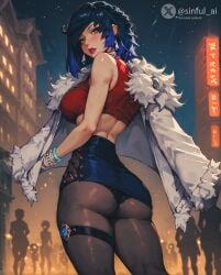 ai_generated aisinful ass ass_focus big_ass big_breasts black_panties black_pantyhose blue_eyes blue_hair blue_skirt braid breasts city genshin_impact halterneck hi_res jacket large_ass large_breasts lingerie midriff panties pantyhose public red_topwear short_hair skirt thick thick_legs thick_thighs thigh_strap thighs top yelan_(genshin_impact)