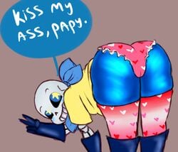 1girls 2d ass bent_over big_butt blue_body blush brown_background cameltoe dialogue ectobody english_text female female_only femboy heart_panties humanoid incest male male_only panties sans sans_(underswap) sans_au simple_background solid_color_background solo star_eyes tagme talking text thigh_highs underswap underswap_sans undertale_(series) undertale_au undertale_fanfiction unknown_artist v_sign