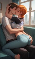 1boy 1girls ai_generated ass_grab ben_10 ben_tennyson brown_hair cousins gwen_tennyson incest kissing orange_hair vuxkan