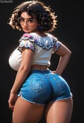 ai_generated ass_focus big_breasts crop_top curly_hair curvy dark-skinned_female disney encanto glasses latina mirabel_madrigal shorts sulliedai thick_thighs wide_hips