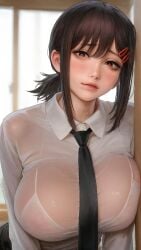 1girls 2025 ai_generated blush bra chainsaw_man clothed eye_contact female female_only huge_breasts kobeni_higashiyama lipstick looking_at_viewer see-through see-through_clothing shirt solo tagme tie truggprz upper_body