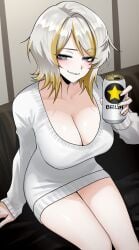 1girls bare_legs big_breasts blonde_hair blush breasts cleavage drink_can eyebrows_visible_through_hair faust_(limbus_company) female female_only holding_drink holding_object huge_breasts large_breasts light-skinned_female light_skin limbus_company looking_at_viewer multicolored_hair project_moon short_hair smile solo sweater vvernerluniq white_hair