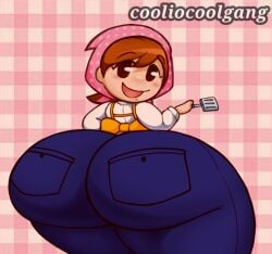 apron back_view bandana big_butt blue_jeans brown_hair butt_bigger_than_torso cooking_mama cooliocoolgang hips_wider_than_shoulders looking_at_viewer looking_back mama_(cooking_mama) orange_apron pink_bandanna spatula thick_thighs thighs_bigger_than_torso white_shirt wide_hips