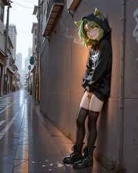 ai_generated black_clothing black_nails boots cat_ears cigarette city evil_smile glowing_eyes goth green_eyes green_hair karen_taverndatter masturbation sitting squirting standing_masturbation stockings twokinds