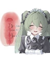 :d ^_^ blush censored closed_eyes commentary_request corin_wickes female green_hair hair_between_eyes highres hoooowl long_hair maid_headdress mosaic_censoring pussy simple_background smile solo translation_request twintails white_background zenless_zone_zero