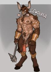 2025 abs anthro armlet balls biceps big_penis body_hair bovid bovine bracelet breath cattle chest_hair deltoids european_mythology evil_grin facial_piercing fist flaccid genital_piercing genitals gold_(metal) gold_jewelry greek_mythology hi_res holding_object holding_weapon jewelry knee_tuft leg_bracelet leg_tuft lewdiasa looking_at_viewer male mammal manly menacing_aura minotaur muscular muscular_arms muscular_legs mythology nipple_piercing nipples nose_piercing nose_ring nude obliques pecs penis penis_piercing piercing prince_albert_piercing pubes ring_piercing shoulder_hair smile solo triceps tuft warhammer_(weapon) weapon white_eyes white_sclera