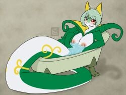 2014 bath bathing bathtub big_breasts blush blush breasts brown_background candykittycat female female_only furry green_body green_hair green_skin nintendo nipples original original_character pokemon pokemon_(species) red_eyes scalie serpentine serperior short_hair tail water white_body white_skin yumi_leaf